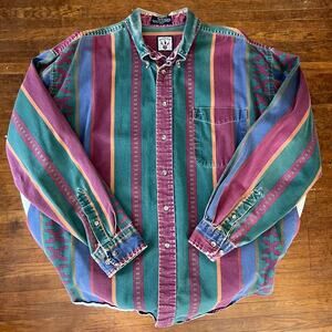 Vintage 90s Men's Distressed Aztec Striped Button Down Long Sleeve Shirt / XL